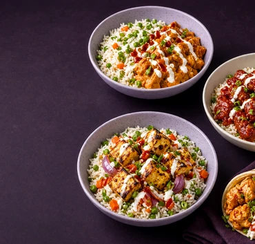 Rice bowls and naan wrap spread