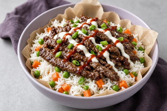 Sliced Korean beef rice bowl with peas and carrots