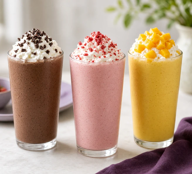 Chocolate, strawberry and mango milkshakes